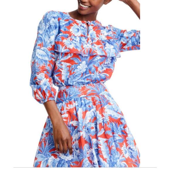 J. Crew Womens Top Ratti Rio Floral Popover Blue Red Fern Print Shirt sz XXS NWT - Picture 2 of 11